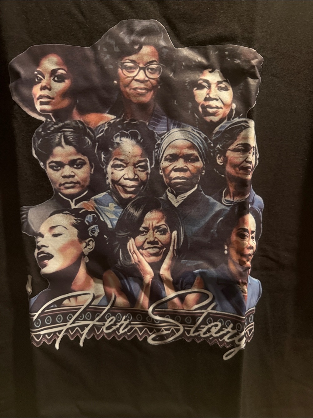 Black Graphic Tee with Illustrated Portraits “Her Story” NWOT - Picture 2 of 4